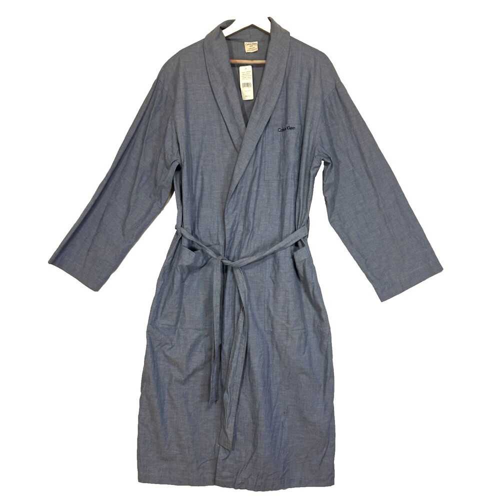 Calvin Klein Mens Robe 100% Cotton Lightweight Blue Chambray Lounger Sz S/M‎ NWT